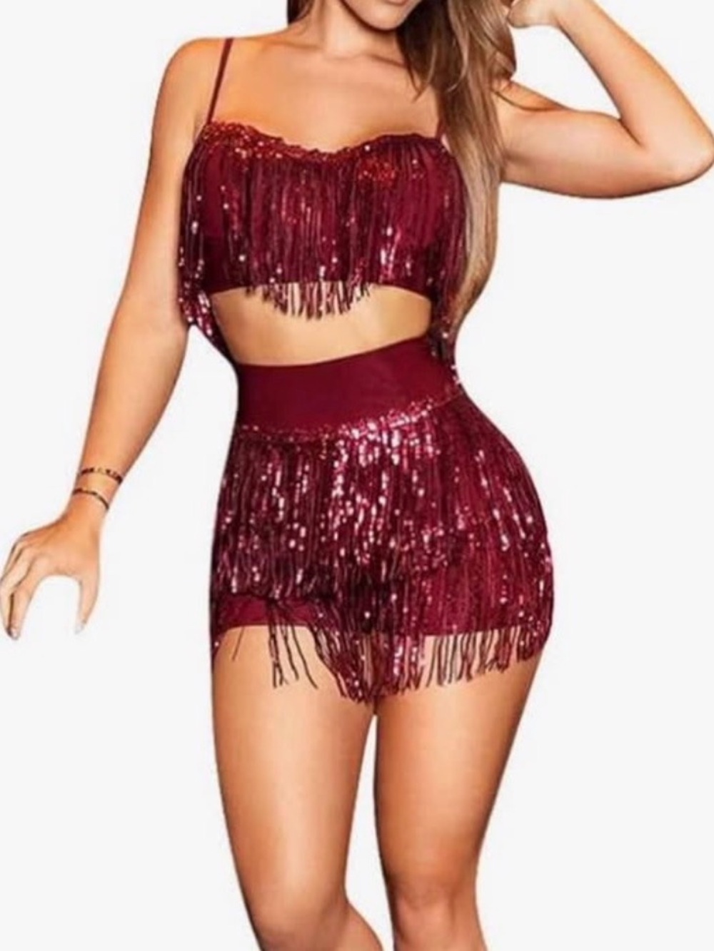 Burgundy Sequin Fringe Two-Piece Crop Top & Skirt Set